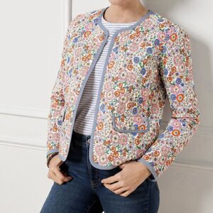 Talbots Enchanting Blooms Quilted Jacket Floral Snap Front Pockets Size 8 Boho